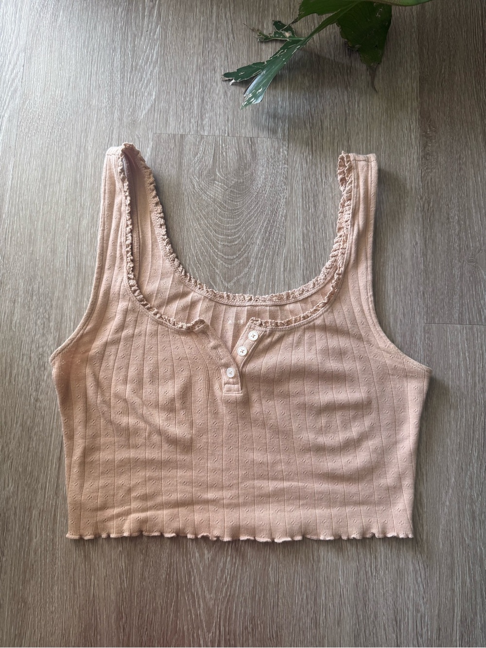 American Eagle Soft Ribbed Henley Crop Tank Top Lace Trim Neutral Beige Size S